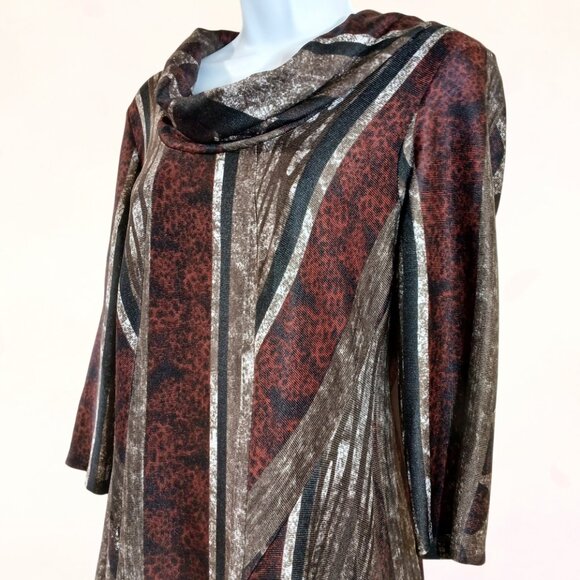 ROBBIE BEE Cowl Neck A-Line Multicolor Lined 3/4 Sleeve Stretch Midi Dress Sz L - Picture 4 of 12